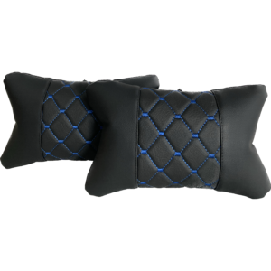 Leather Car Headrest Pillows – quilted leather – blue threads