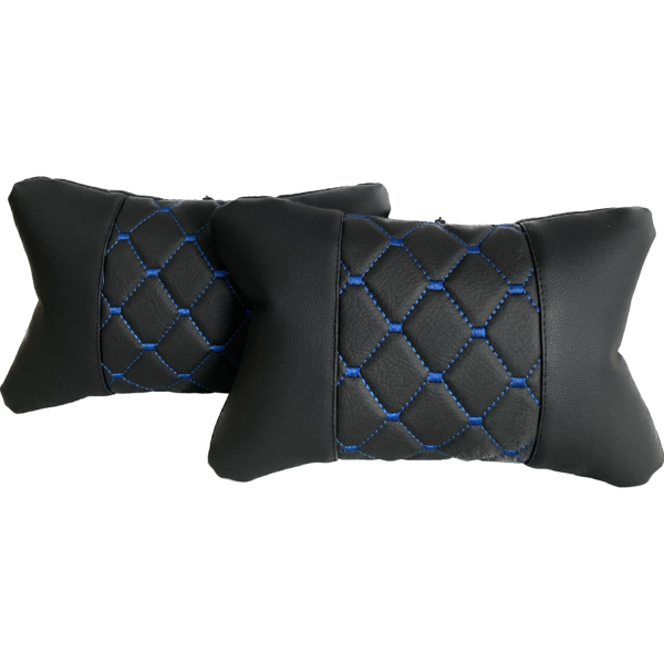 Leather Car Headrest Pillows - quilted leather - blue threads