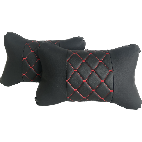 Leather Car Headrest Pillows - quilted leather - red threads