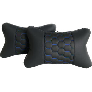 Premium Leather Car Headrest Pillows – quilted leather – blue threads