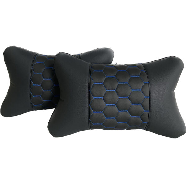 Premium Leather Car Headrest Pillows - quilted leather - blue threads